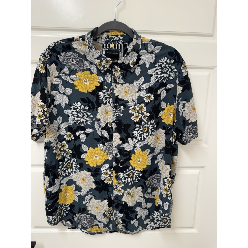 Denim & Flowers Ricky Singh Men XL Short Sleeve Green Floral Button Up Shirt